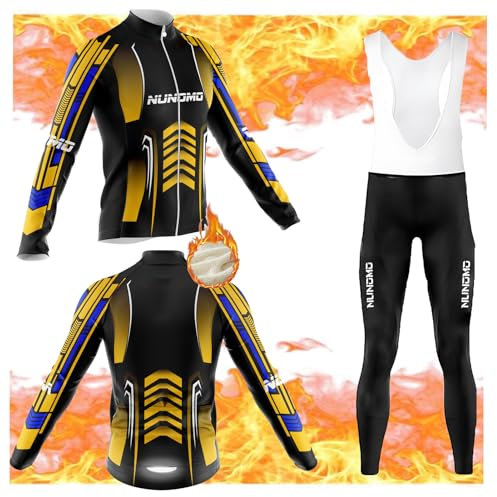Radtrikot Set Herren Langarm Fleece Fahrradbekleidung Anzug Männer schnell trocknend Radjacke+ Lange Radlerhose mit 9D Gepolsterten Trägerhosenfür MTB Outdoor (#2B,XL)