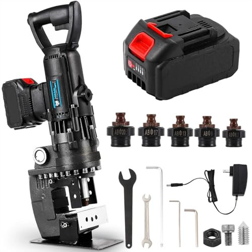 WaaYb Kabelloser hydraulischer Locher, 1800 W elektrischer hydraulischer Locher mit 5 Matrizen für 3–6 mm, tragbares Metall-Lochstanzwerkzeug mit 2 Batterien zum Stanzen in Stahl, Eisen, Aluminium