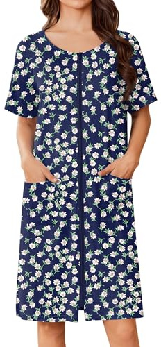 Ekouaer Bata corta con cremallera para mujer, bata de baño ligera con estampado floral, vestido de casa con bolsillos, camisón S-3XL
