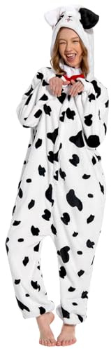 OLAOLA Onesie für Erwachsene Fleckiger Hund Tierkostüm Jumpsuit Damen Herren Kuschelig Einteiler Schlafanzug Unisex Onesies Karneval Weihnachten Halloween Cosplay Pyjamas