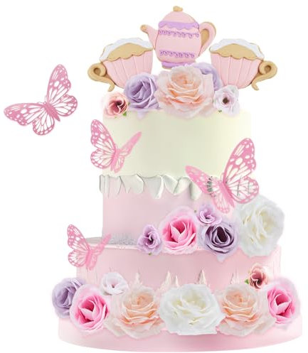 Teenyyou Lot de 33 décorations de gâteaux pour fête de thé, théière, tasse à thé, papillon, fleur, décoration de gâteau sur le thème du thé, fête d'anniversaire, fournitures de thé de l'après-midi