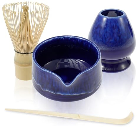 MENIBBLER 4 Pcs Matcha Whisk Set, Complete Matcha Tea Set, Includes Matcha Bowl with Mouth Matcha Whisk and Holder Bamboo Scoop Practical Matcha Whisk Set for Matcha Tea Lovers(Blue)