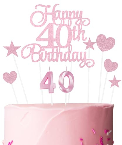 Ainiv Geburtstagskerzen Zahlen 40, Tortendeko zum 40. Geburtstag | 40. Geburtstag Kuchendeko für Frauen und Männer, Rosa Stern-Herz-Tortenaufsatz für Party, Cupcakes, Desserts und Gebäck