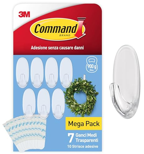 Command Ganchos transparentes medianos con tiras transparentes, paquete múltiple de 7 ganchos + 10 tiras adhesivas, uso en interiores, aptos para colgar artículos de hasta 900 g, colgar sin daños