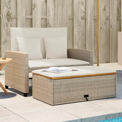 Homgoday Gartensofa 2-Sitzer mit Kissen Gartenlounge Set Balkonsofa Lounge Sofa Gartenmöbel Loungesofa Gartensofa Terrassensofa Sitzgruppe Beige Poly Rattan & Akazienholz