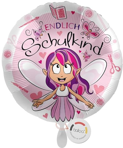 balloa Folienballon Schulkind, runder Helium Ballon zur Einschulung mit Fee und Schmetterlingen in Rosa, Geschenk für Mädchen, Einschulungsdeko, befüllbar mit Luft oder Helium, Schulanfang, 33cm