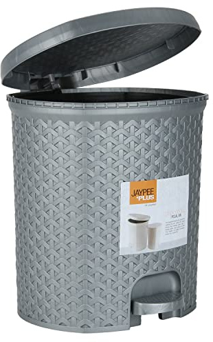 TENLITE 7 Litre Black Rattan-Style Pedal Bins with Hinged Lids & Removable Inner Buckets – Sleek Square Plastic Waste Bins for Modern Bathroom, Kitchen, Bedroom or Office - (GREY)
