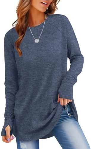 Rapbin Hauts à manches longues pour femmes, pulls décontractés, T-shirts à col rond, sweatshirts avec trous pour les pouces et ourlet incurvé