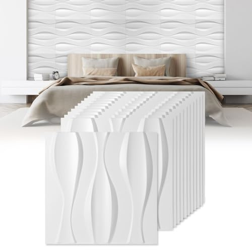 Jopassy Lot de 24 panneaux muraux 3D - 50 x 50 cm (6 m²) - Panneaux muraux 3D - Aspect moderne - Panneaux de décoration murale en PVC - Imperméables - Résistants à la chaleur - Blanc mat
