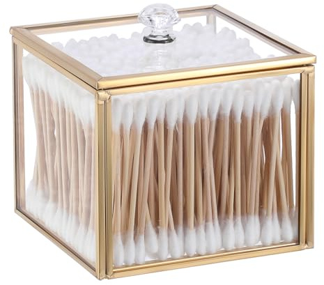 OGANAZI Glas Wattepad Spender Schmuckschatulle mit Glasdeckel Gold Wattestäbchenbehälter Wattepads Behälter Box Deko Aufbewahrungsbox für Badezimmer, Schlafzimmer, Büro Damen Geschenk 10,1x10,1x8,6 cm