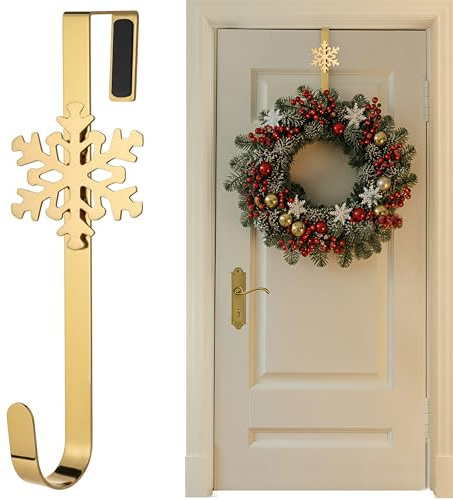 SR ESSENTIALS Wreath Hanger for Front Door with Decorative Snowflake, 12 Wreath Door Hanger, Perfect for Halloween, Wedding & Christmas Decorations Over Door Hanger (Golden)