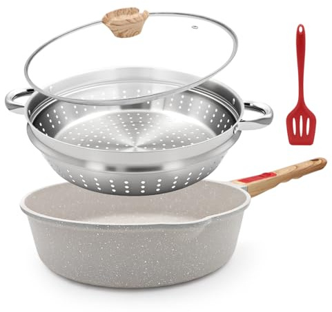 Bobikuke Non Stick Frying Pan Skillet with Steamer, 28cm Nonstick Sauté Pan with Lid & Detachable Handle, Compatible with All Cooktops, Oven Safe, PFOA PFOS Free- White