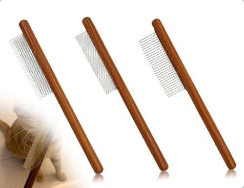 Emezddo 3 stycken kattkam, kattborste, husdjursvårdskammar med trähandtag, används för långt hår, korthårig avlägsnar effektivt trassel, mattor och löst hår (3 stilar)