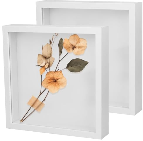 2PC 3D Bilderrahmen zum Befüllen - 22 x 22 cm Tiefer Bilderrahmen Holz, 3D Rahmen Tief 3cm, Picture Frames zum Befüllen, Picture Frames für Fotos Hochzeitsstrauß Erinnerungsstücke DIY Deko (Weiß)