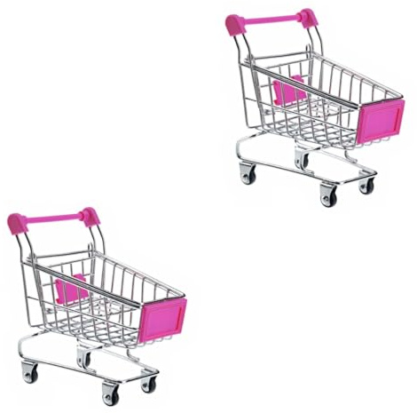 VANZACK 2pcs Mini Shopping Cart Shaped Storage Basket for Desktop Organizer Rosy Metal and Hard Plastic Miniature Trolley for Pens Cosmetics Cellphones and Gadget Storage Cute Table