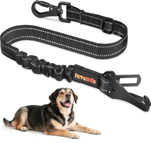 PETCOOZ Cinturón de Seguridad para Perros en Coche 3 en 1, Correa Ajustable con Amortiguador Elástico, Mosquetón Giratorio 360°, Apto para la Mayoría de Coches y Perros