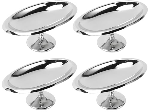 equlup Tasse à dessert en acier inoxydable, 4 pièces bol à crème glacée ovale, tasse à pieds, assiette ovale réutilisable à talons hauts pour crème glacée, pudding aux fruits, collation, (A)
