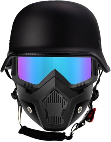 Caimcie Deutscher Helm, halboffener Vintage-Motorradhelm, Halbschalenhelm, DOT/ECE-Zertifizierung, Helm mit Sonnenbrille, Maske für Mopeds, Cruiser, Vintage-Jethelm B,L=59-60cm