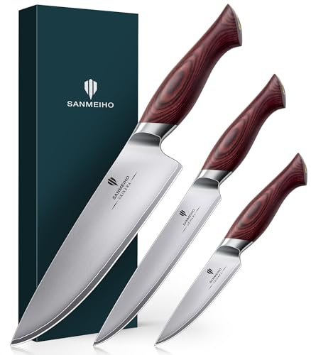 SANMEIHO Juego de 3 Cuchillos de Cocina Japonés, Set de Cuchillo Profesionales, Hoja Afilada con Acero Inoxidable 10Cr15MoV (62HRC), Mango Ergonomico Madera - Cuchillo de Chef, Multiusos, Pelador