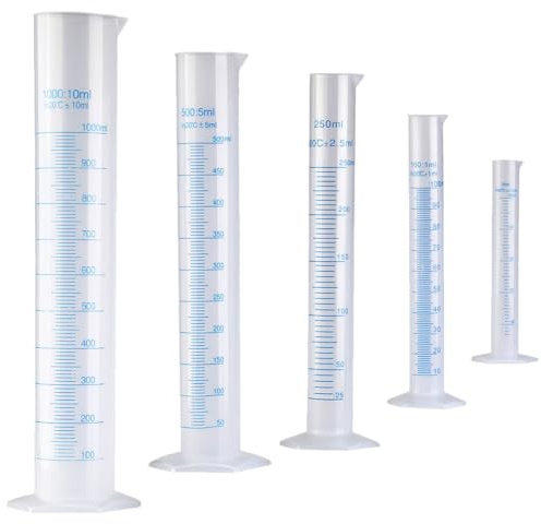 Healvian Set di 5 Cilindri Graduati in Plastica Base Resistente al Rotolamento – 50 Ml, 100 Ml, 250 Ml, 500 Ml, 1000 Ml per Misurazioni di Laboratorio e Didattica