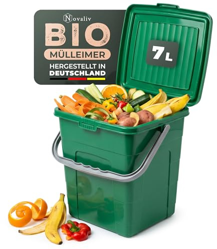 Novaliv Biomülleimer Küche 7L mit Klappdeckel & Tragegriff, Komposteimer stapelbar, BPA-frei, Bio Mülleimer für Bioabfall, Küchenabfalleimer mit Deckel, Tannengrün, Made in Germany