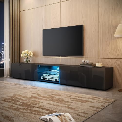 Letenbin Meuble TV Noir avec Portes Laquées Brillantes, Meuble TV LED avec Rangement et Étagère Transparente, Meuble Tele avec Éclairage LED, Support pour TV Jusqu’à 50 kg, 200x30x30 cm