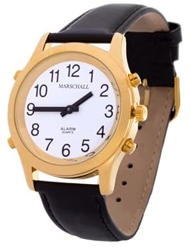 Marschall Deutsch sprechende Herren Armbanduhr I H-GL I Für Blinde, Senioren und Sehbehinderte I Komplette Datumsansage I Extra große Zeiger I Goldfarben mit Lederarmband