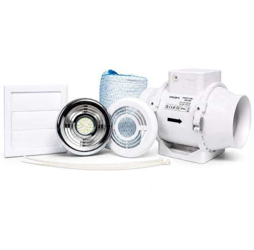 Airflow Aventa 100mm Timer In-Line Extractor Fan Kit with LED Lamp – Includes 6m Flex Duct, Ties, Chrome & White Grilles, External Grille – 2 Speed, Adjustable Timer - 3 Years Warranty