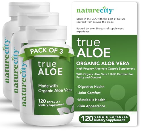 NatureCity TrueAloe Organic Aloe Vera Capsules - Supports Digestive Balance, Joints and Stomach Comfort - Plant-Based Aloe Barbadensis Powder - Easy-to-Swallow Single Ingredient Formula - 360 Caps