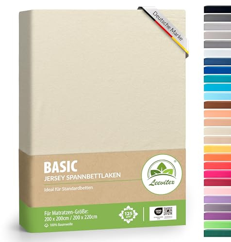 leevitex Jersey Spannbettlaken 200x220 cm – 100% Baumwolle, Steghöhe 40 cm, Spannbetttuch für Boxspringbett & Wasserbett, Oeko-TEX Standard 100, Creme/Naturweiß