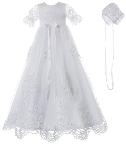 NIMBLE Baby Girls Baptism Delicate Embroideried Gown with Bonnet for 0-15 Months (NB, White)