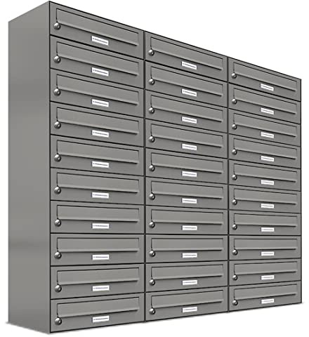 AL Briefkastensysteme 30er Briefkastenanlage Aluminiumgrau RAL 9007, Premium Briefkasten DIN A4, 30 Fach Postkasten modern Aufputz