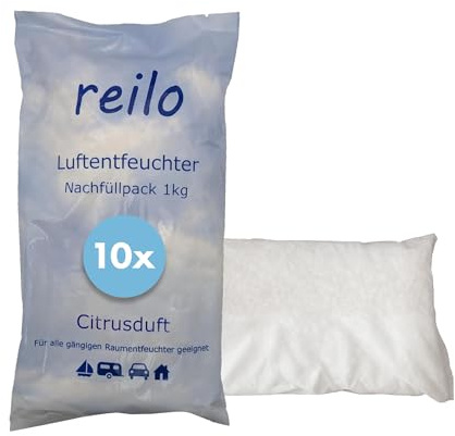 reilo 10x 1kg Citrusduft Luftentfeuchter Granulat, Raumluftentfeuchter im Vliesbeutel, Nachfüllpacks für gängige Entfeuchterboxen, Lufttrockner für Wohnraum, Schlafzimmer, Keller