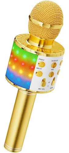 Karaoke trådlös mikrofon, An 4-i-1 barn karaoke bluetooth mikrofonhögtalare med dansande LED-lampor, hem KTV-spelare kompatibel med Android och telefonenheter för sång/inspelning, guld