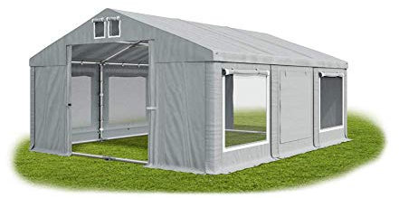 Das Company Partyzelt 4x6m Lagerzelt Universalzelt Moskitonetz wasserdicht grau mit Bodenrahmen und Dachverstärkung 560g/m² PVC Plane Robust Festzelt Gartenzelt Summer Plus ISDM - Gartenpavillon