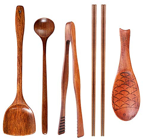 FJNATINH Wok Utensils Wooden Cooking Utensils Tools 6 PCS Wooden Spatula, Barbecue Tongs,Wok Shovel, Cooking chopsticks,Long Spoons,Nanmu Fish Shaped Rice Spoon Accessories
