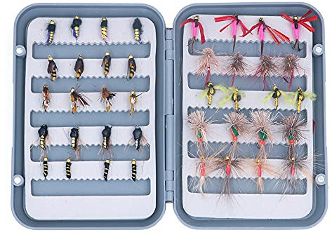ANCLLO Fliegenfischen Set mit Box für Trockenfliegen, Nymphen, Luftschlangen für Barsch, Lachs, Forellen, 40 Stück