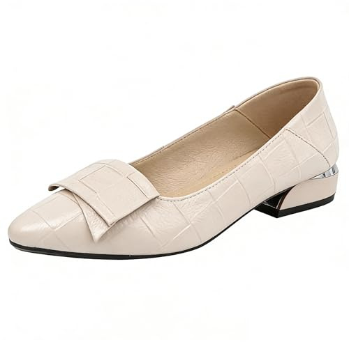 Jamron Femmes Bout Pointu Talon Bloc Escarpins Cuir à Carreaux Semelle Souple Ballerines Beige SN602C046 EU37