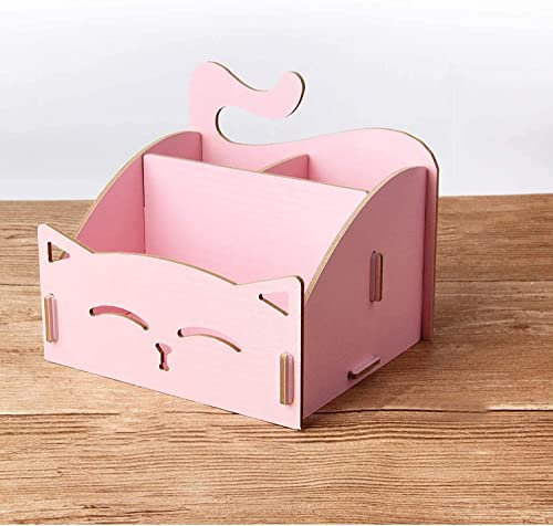 DIY Holz Stiftehalter mit niedlichen Katzen Kosmetikregal auf dem Tisch für Zuhause und Büro (Rosa)