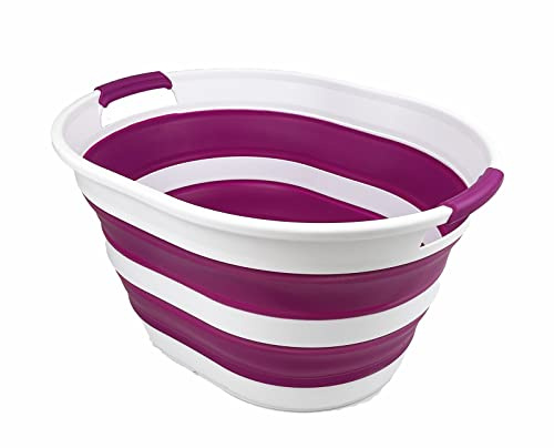 SAMMART 23L (6 Gallons) Collapsible Plastic Laundry Basket - Oval Tub/Basket - Foldable Storage Container/Organizer - Portable Washing Tub - Space Saving Laundry Hamper (White/Purple)