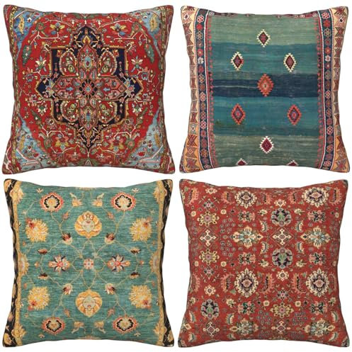 HOSTECCO Kilim Cushion Covers 45x45 cm Pack of 4 Vintage Tribal Cushion Cases Ethnic Patterned Decorative Pillow Covers for Sofa Couch Bed Office