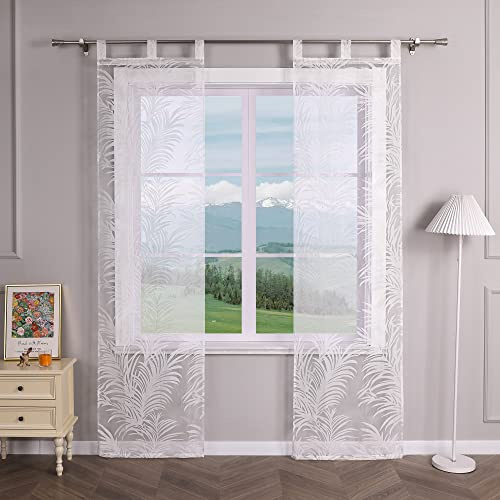 Delien 2er Set Ausbrenner Schiebevorhänge mit Schlaufen Transparente Schiebegardinen Modern »Blätter« Flächenvorhänge Wohnzimmer Vorhang mit Blattmuster Fenster Gardinen Schals BxH 57x145cm,Weiß