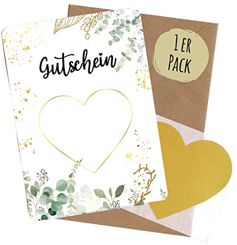 JEKA 1 Rubbellos selbst machen inkl. Umschlag, Rubbelkarte zum selbst beschriften – Gutschein selbst machen mit Rubbelherz Gold, Geschenk Gutschein, Gutschein Karte