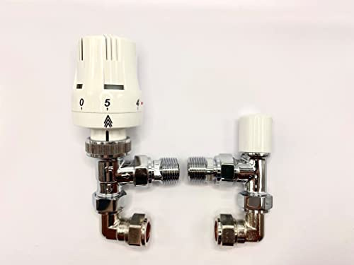 White Thermostatic Angled Radiator Valve 1/2 – 15mm + 90° Degree Connector | Compression Fit, 15mm to 15mm, TRV