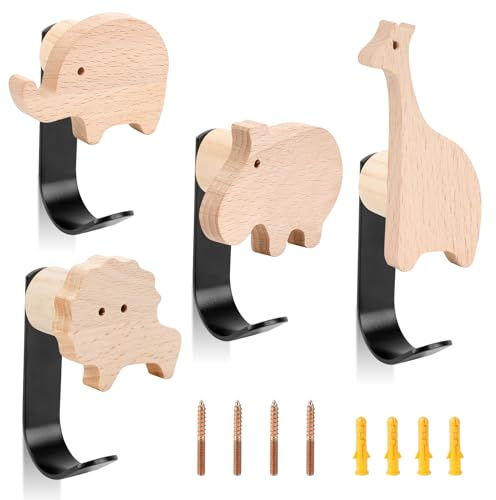 Wandhaken für Kinder, 4 Stück Tierhaken aus Holz mit 4 Einzelhaken aus Metall, Mehrzweckhaken aus Holz für Kinder zum Aufhängen von Kleidung, Schals, Hüten und Schlüsseln