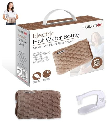 POWATRON Rechargeable Electric Hot Water Bottle - Soft & Cosy Hand Body Warmer Massaging Heat Pad, Prefilled, Over-Heat Protection Electric Water Bottle - Hot Water Bottles for Pain Relief