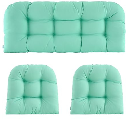 ZEOLABS Wicker Chair Cushions of 3 Pieces Waterproof Tufted Outdoor Seat Cushions for Patio Furniture Sofa Settee Couch,1 Loveseat and 2 U-Shaped Cushions,Aqua Blue