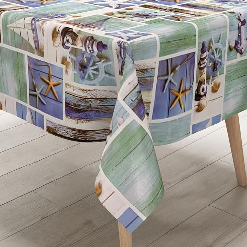 KEVKUS Wachstuch Tischdecke B9071-01 maritim Seestern Leuchtturm Holz wählbar in eckig, rund und oval - Größe eckig 140x140cm Schnittkante