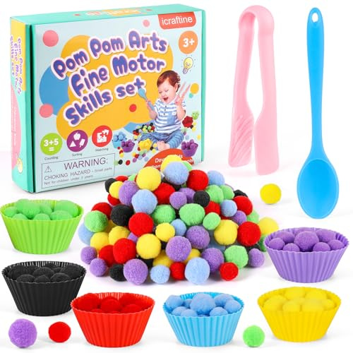 iCraftine 158 PCS Fine Motor Skills Set | 150 Pom Poms, 6 Sorting Bowls, Tweezers, Spoon, Sensory Bin Filler for Preschool Kids Counting, Sorting, Matching Training Ac