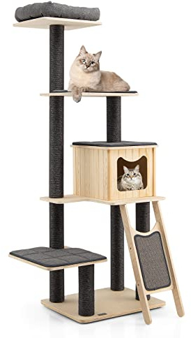 GOPLUS Arbre à Chat Moderne de 175cm, 5 Niveaux en Bois avec Poteaux en Sisal à Griffer, Perchoir Supérieur pour Chats et Chatons
